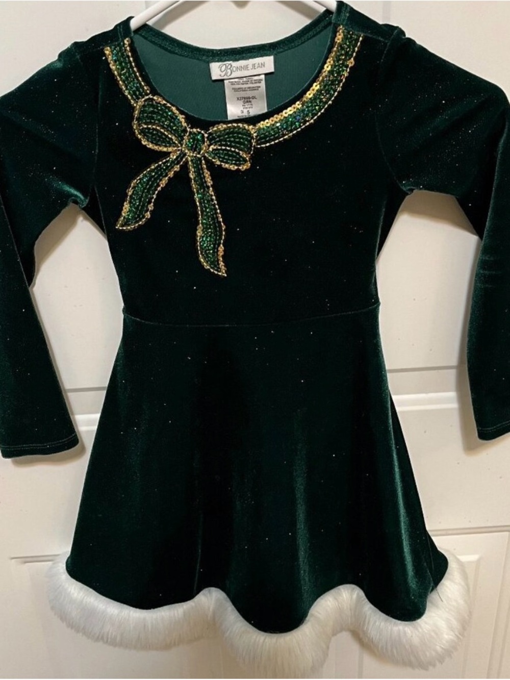 Bonnie Jean Dark Green Velvet Holiday Bow Dress with Gold Sequin Trim